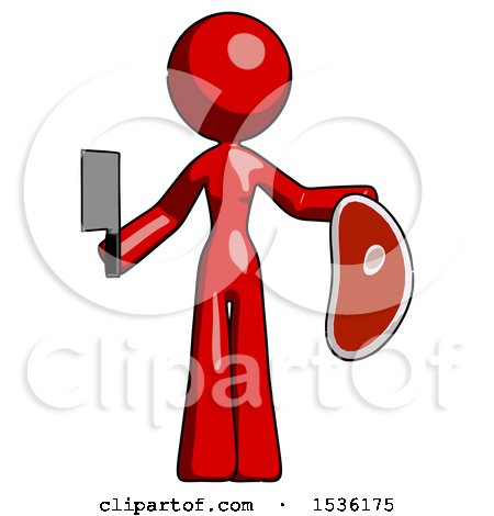 Red Design Mascot Woman Holding Large Steak with Butcher Knife by Leo Blanchette