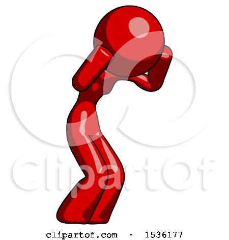 Red Design Mascot Woman with Headache or Covering Ears Facing Turned to Her Right by Leo Blanchette