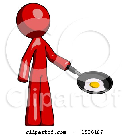Red Design Mascot Man Frying Egg in Pan or Wok Facing Right by Leo Blanchette