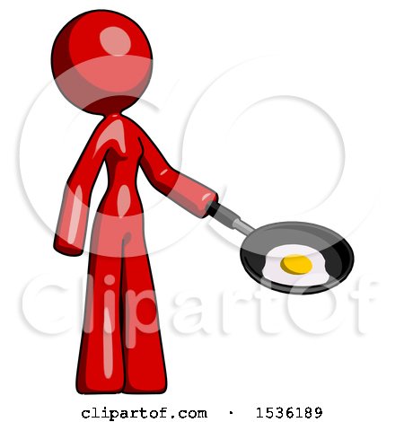 Red Design Mascot Woman Frying Egg in Pan or Wok Facing Right by Leo Blanchette