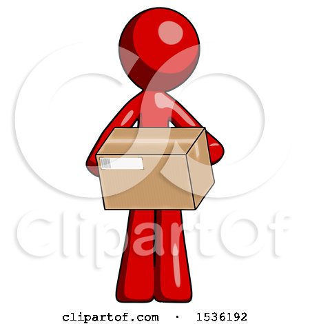 Red Design Mascot Man Holding Box Sent or Arriving in Mail by Leo Blanchette