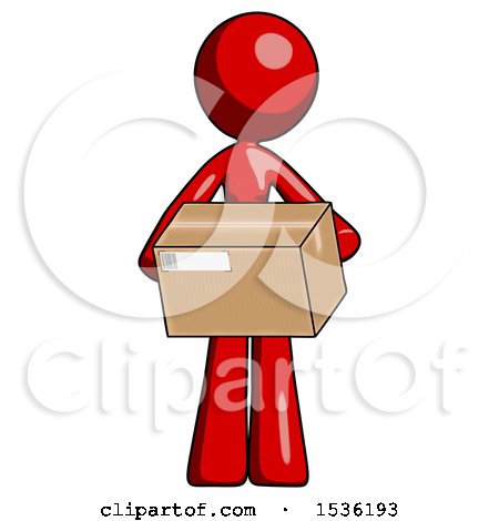 Red Design Mascot Woman Holding Box Sent or Arriving in Mail by Leo Blanchette