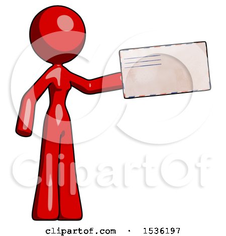 Red Design Mascot Woman Holding Large Envelope by Leo Blanchette