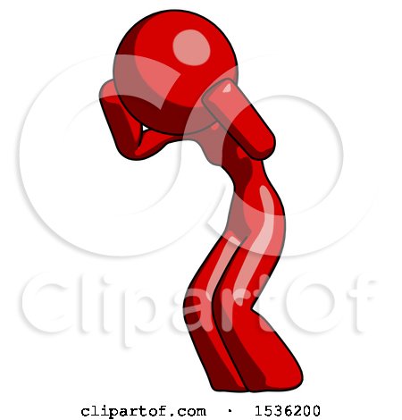 Red Design Mascot Woman with Headache or Covering Ears Facing Turned to Her Left by Leo Blanchette