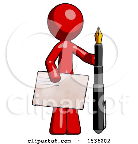Red Design Mascot Man Holding Large Envelope and Calligraphy Pen by Leo Blanchette