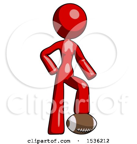 Red Design Mascot Woman Standing with Foot on Football by Leo Blanchette