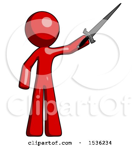 Red Design Mascot Man Holding Sword in the Air Victoriously by Leo Blanchette