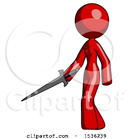 Red Design Mascot Woman with Sword Walking Confidently by Leo Blanchette