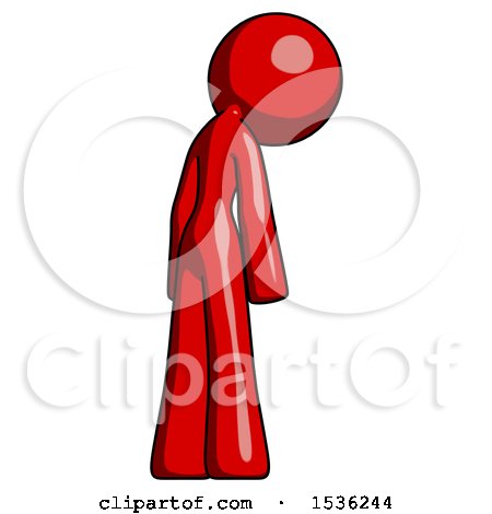 Red Design Mascot Woman Depressed with Head Down, Back to Viewer, Right by Leo Blanchette