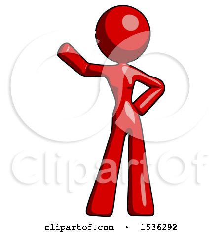 Red Design Mascot Woman Waving Right Arm with Hand on Hip by Leo Blanchette