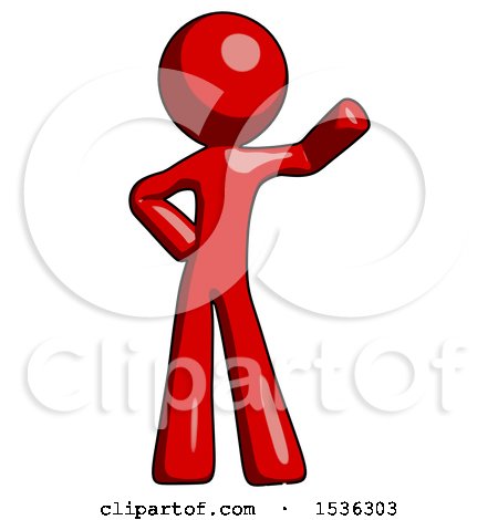 Red Design Mascot Man Waving Left Arm with Hand on Hip by Leo Blanchette