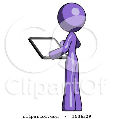 Purple Design Mascot Woman Looking at Tablet Device Computer with Back to Viewer by Leo Blanchette