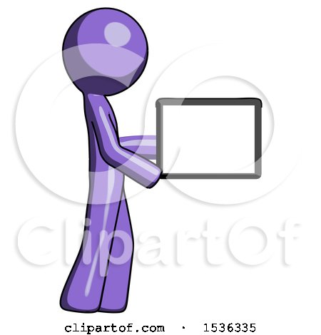 Purple Design Mascot Man Show Tablet Device Computer to Viewer, Blank Area by Leo Blanchette