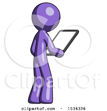 Purple Design Mascot Man Looking at Tablet Device Computer Facing Away by Leo Blanchette