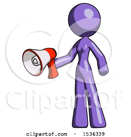 Purple Design Mascot Woman Holding Megaphone Bullhorn Facing Right by Leo Blanchette
