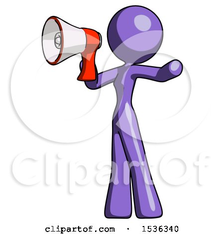 Purple Design Mascot Woman Shouting into Megaphone Bullhorn Facing Left by Leo Blanchette