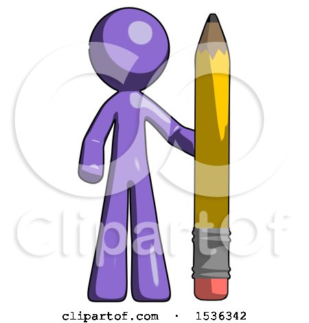 Purple Design Mascot Man with Large Pencil Standing Ready to Write by Leo Blanchette