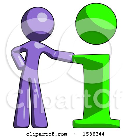 Purple Design Mascot Man with Info Symbol Leaning up Against It by Leo Blanchette