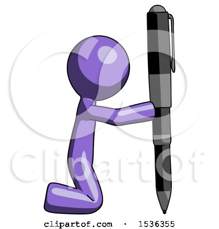 Purple Design Mascot Man Posing with Giant Pen in Powerful yet Awkward Manner. by Leo Blanchette