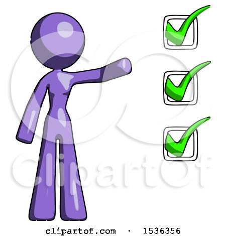 Purple Design Mascot Woman Standing by a Checkmark List Arm Extended by Leo Blanchette