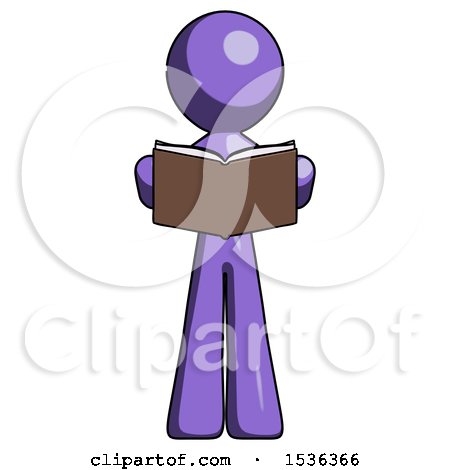 Purple Design Mascot Man Reading Book While Standing up Facing Viewer by Leo Blanchette