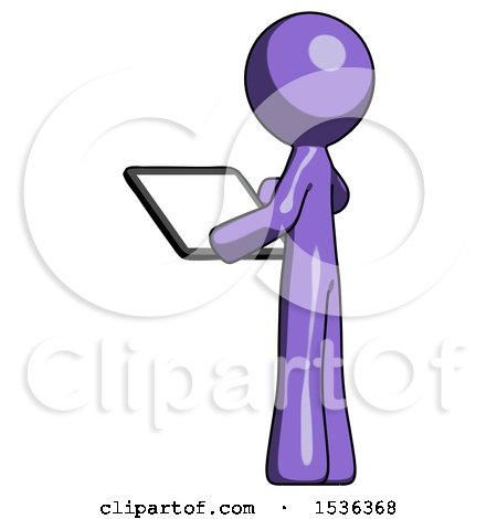 Purple Design Mascot Man Looking at Tablet Device Computer with Back to Viewer by Leo Blanchette