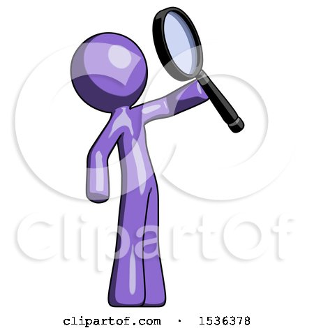 Purple Design Mascot Man Inspecting with Large Magnifying Glass Facing up by Leo Blanchette