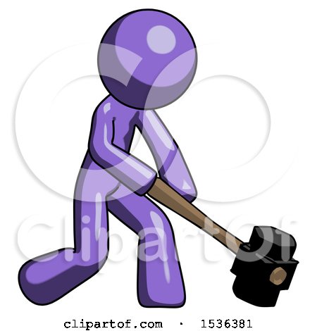 Purple Design Mascot Man Hitting with Sledgehammer, or Smashing Something at Angle by Leo Blanchette