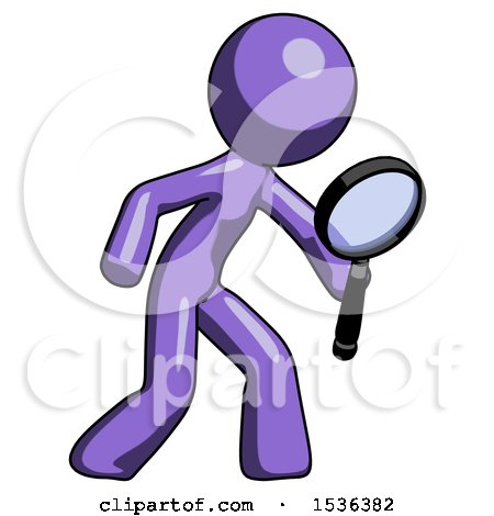 Purple Design Mascot Man Inspecting with Large Magnifying Glass Right by Leo Blanchette