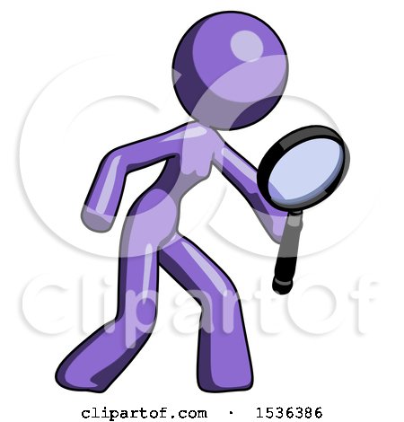 Purple Design Mascot Woman Inspecting with Large Magnifying Glass Right by Leo Blanchette