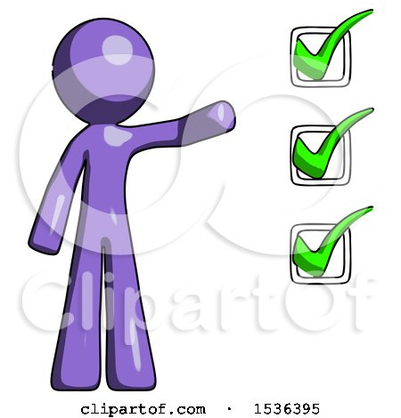 Purple Design Mascot Man Standing by List of Checkmarks by Leo Blanchette
