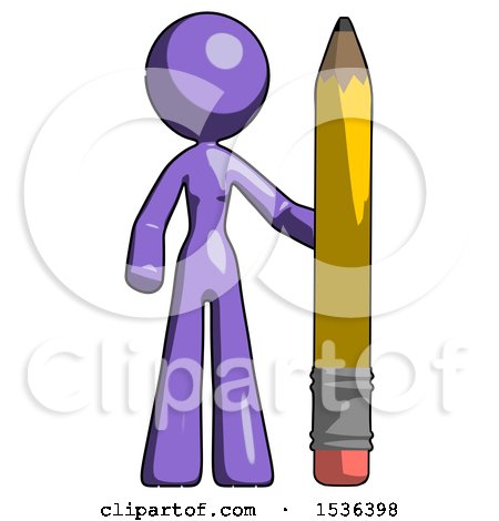 Purple Design Mascot Woman with Large Pencil Standing Ready to Write by Leo Blanchette
