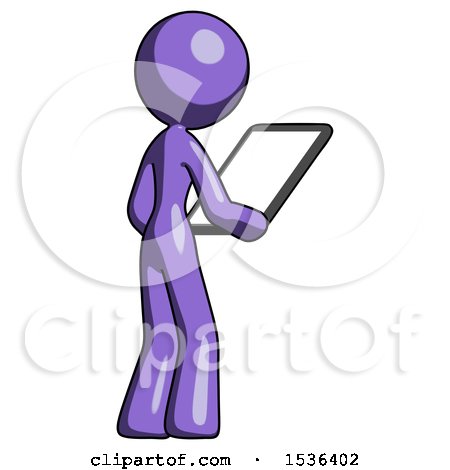 Purple Design Mascot Woman Looking at Tablet Device Computer Facing Away by Leo Blanchette