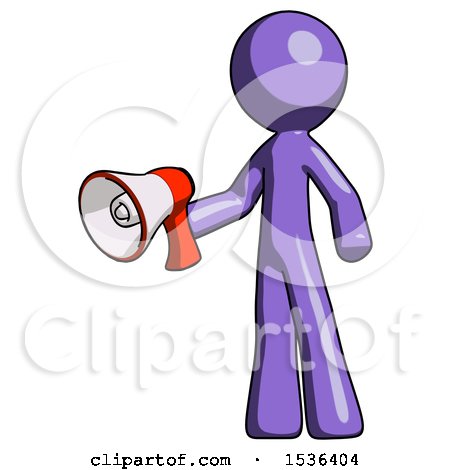 Purple Design Mascot Man Holding Megaphone Bullhorn Facing Right by Leo Blanchette