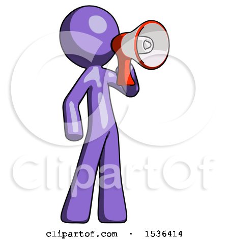 Purple Design Mascot Man Shouting into Megaphone Bullhorn Facing Right by Leo Blanchette