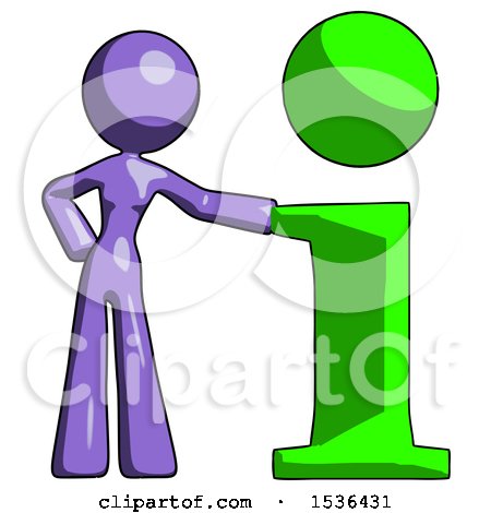 Purple Design Mascot Woman with Info Symbol Leaning up Against It by Leo Blanchette