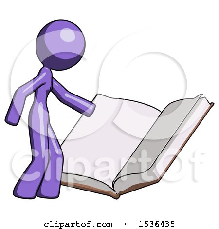 Purple Design Mascot Woman Reading Big Book While Standing Beside It by Leo Blanchette