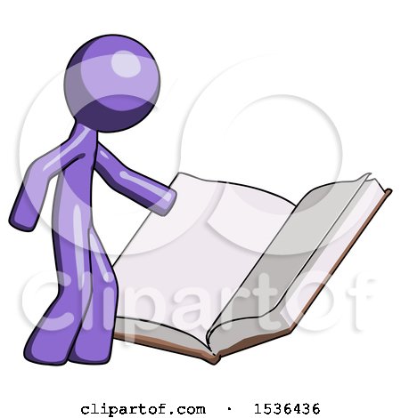 Purple Design Mascot Man Reading Big Book While Standing Beside It by Leo Blanchette