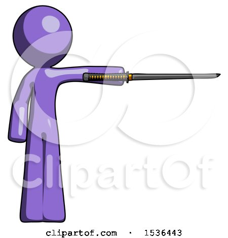 Purple Design Mascot Man Standing with Ninja Sword Katana Pointing Right by Leo Blanchette