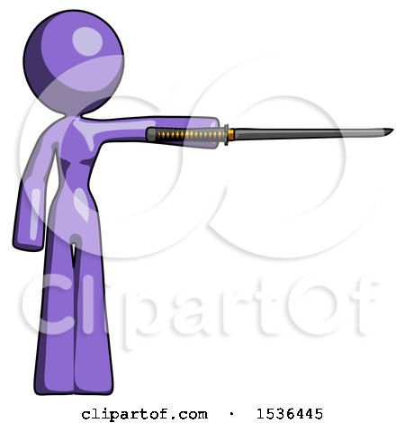 Purple Design Mascot Woman Standing with Ninja Sword Katana Pointing Right by Leo Blanchette