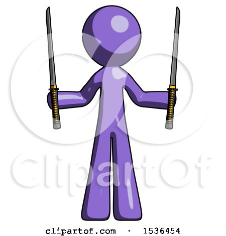 Purple Design Mascot Man Posing with Two Ninja Sword Katanas up by Leo Blanchette