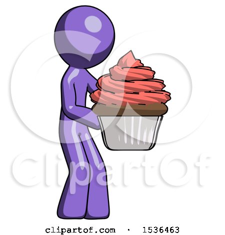 Purple Design Mascot Man Holding Large Cupcake Ready to Eat or Serve by Leo Blanchette