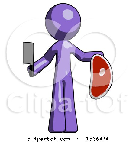 Purple Design Mascot Man Holding Large Steak with Butcher Knife by Leo Blanchette