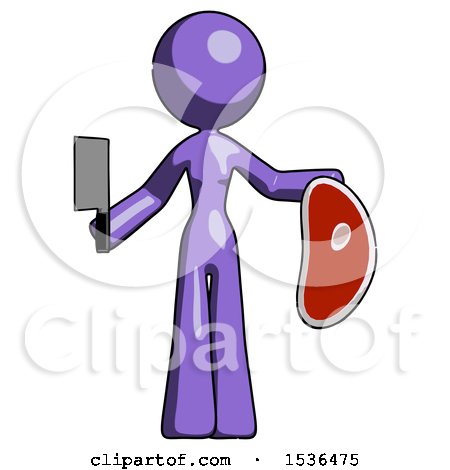 Purple Design Mascot Woman Holding Large Steak with Butcher Knife by Leo Blanchette
