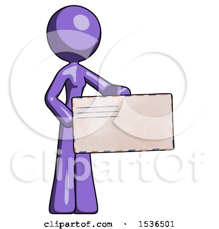 Purple Design Mascot Woman Presenting Large Envelope by Leo Blanchette