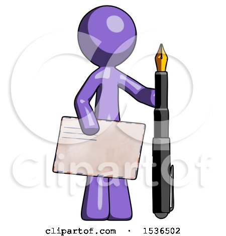 Purple Design Mascot Man Holding Large Envelope and Calligraphy Pen by Leo Blanchette