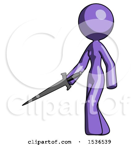 Purple Design Mascot Woman with Sword Walking Confidently by Leo Blanchette