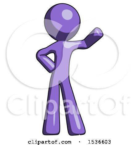Purple Design Mascot Man Waving Left Arm with Hand on Hip by Leo Blanchette
