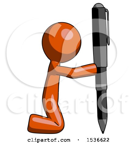 Orange Design Mascot Man Posing with Giant Pen in Powerful yet Awkward Manner. by Leo Blanchette