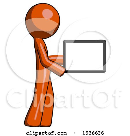 Orange Design Mascot Man Show Tablet Device Computer to Viewer, Blank Area by Leo Blanchette